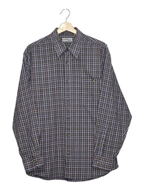 Original Penguin Men's Navy and Brown Windowpane Button-Up Shirt Size Large